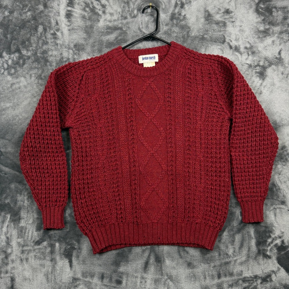 Jordan Marsh Sweater Mens L Burgundy Red 100% Wool Cable Knit Made in Ireland